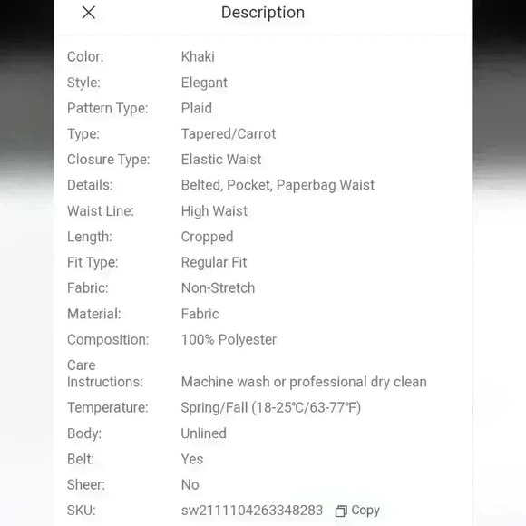 SHEIN LUNE Paperbag Waist Belted Tan/Blue/White Plaid Pants‎ Small/4 - Picture 10 of 10